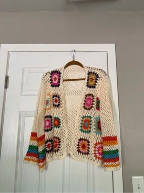 Cream Crochet Open-Front Sweater with Multicolor Accents
